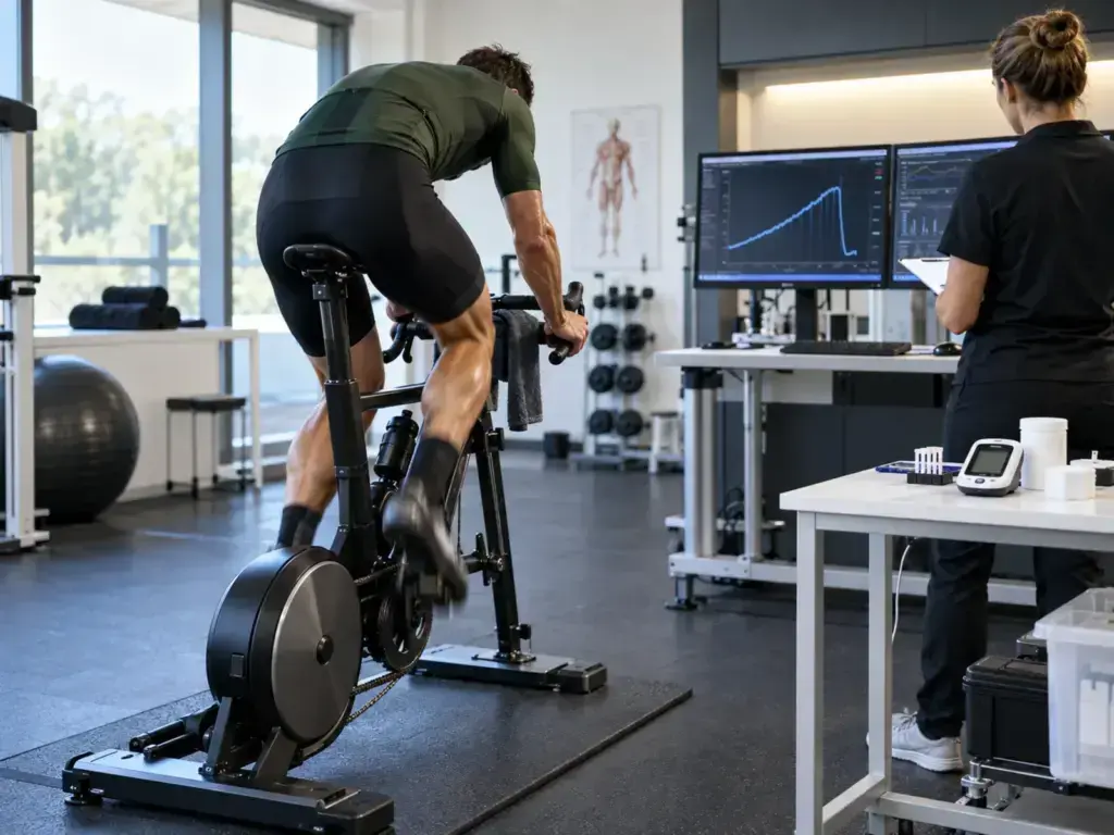Illustrazione editoriale di un ciclista durante un test VLaMax in laboratorio