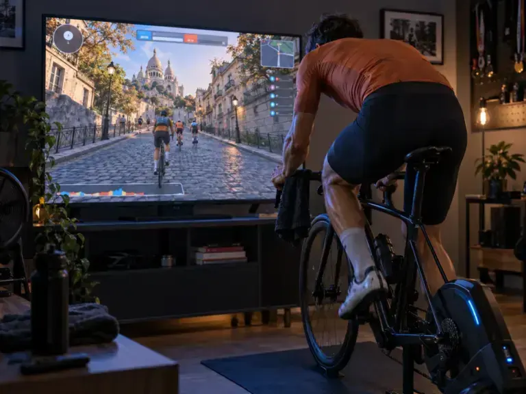 Illustrazione editoriale di una gara indoor sul percorso Zwift Montmartre Mixer