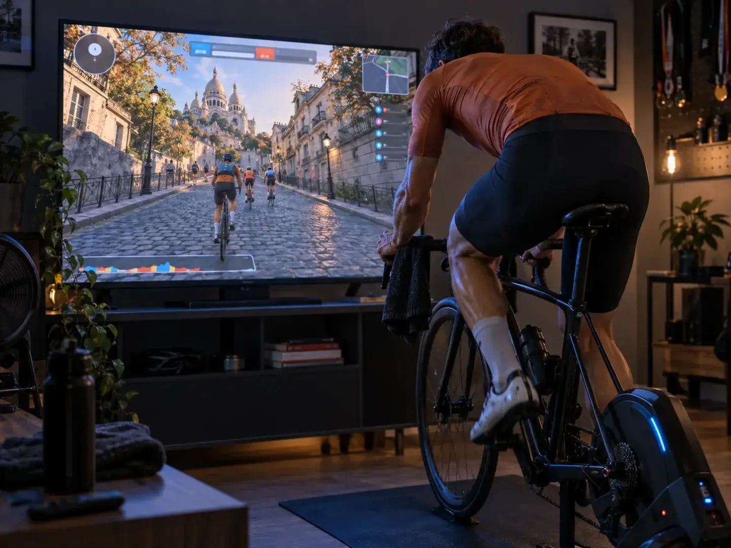 Illustrazione editoriale di una gara indoor sul percorso Zwift Montmartre Mixer