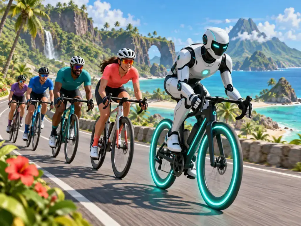 Illustrazione editoriale di un gruppo di ciclisti virtuali dietro un pacer robotico, non schermata di Zwift