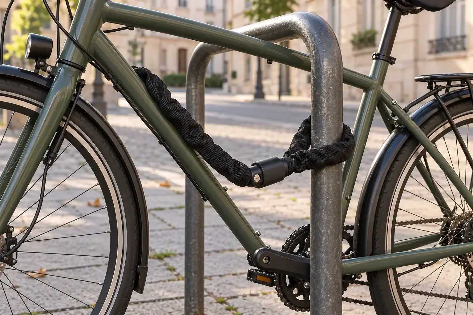 Illustrazione editoriale di una bici urbana collegata con una catena a una rastrelliera fissa