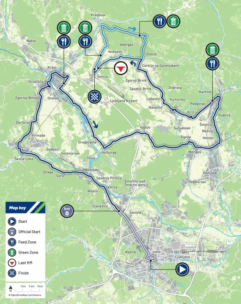 Planimetria ufficiale della prova in linea uomini elite agli Europei ciclismo 2026 da Lubiana a Sencur