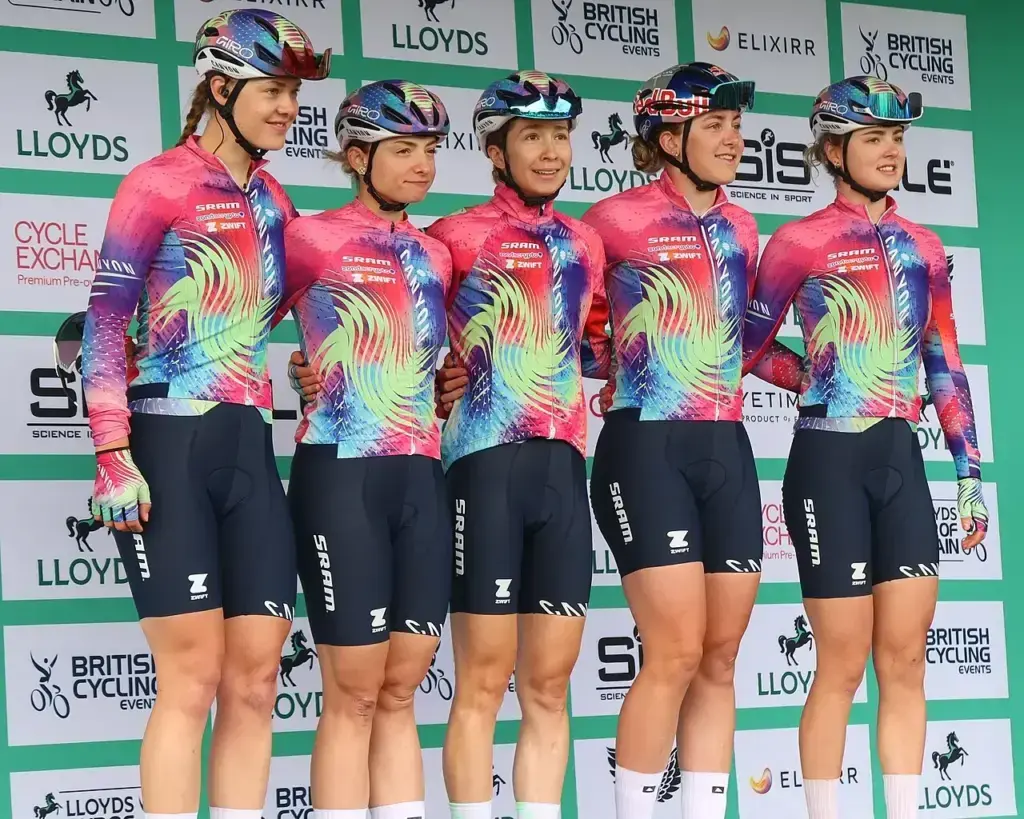 La squadra Canyon SRAM al Tour of Britain Women dell’8 giugno 2025, foto d’archivio con la maglia dell’epoca