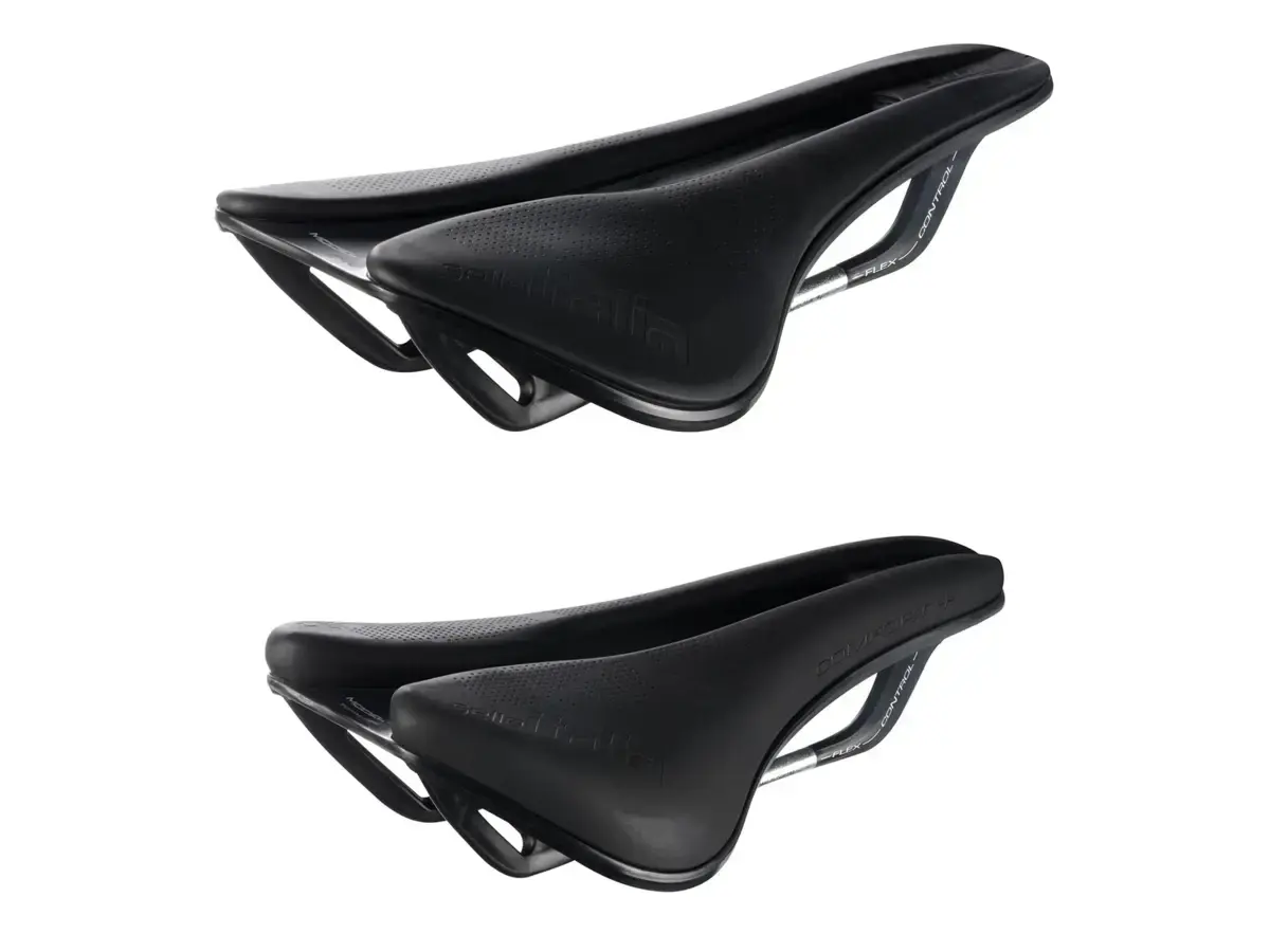 Confronto fotografico: Selle Italia Model X standard Superflow sopra, Model X Comfort Plus sotto. Foto prodotto Amazon.it e Selle Italia; immagini non in scala comune.