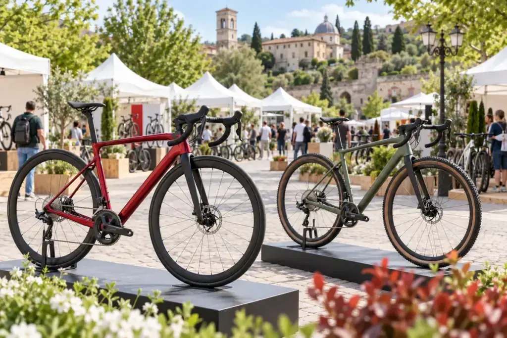 Illustrazione editoriale di biciclette esposte in un festival all’aperto