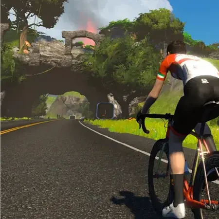 Scena virtuale di Watopia dalla comunicazione ufficiale Zwift. La planimetria del percorso e disponibile nella scheda.