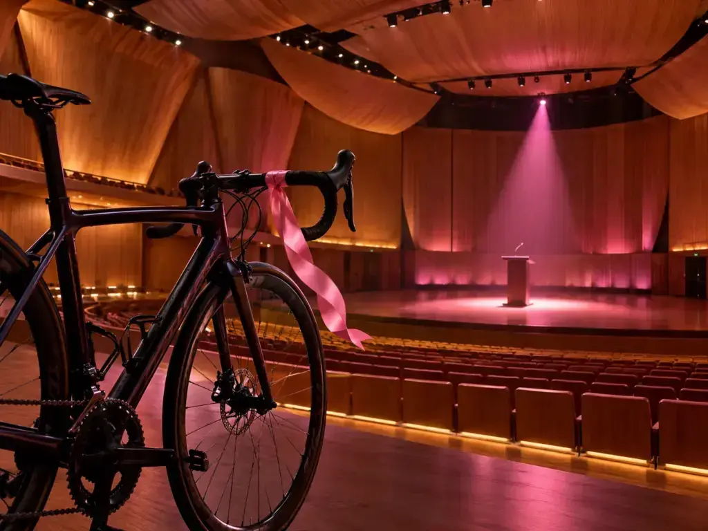 Illustrazione editoriale di una bicicletta e un auditorium illuminato di rosa per la presentazione del Giro 2027