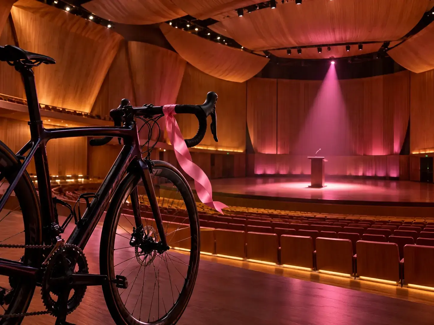 Illustrazione editoriale di una bicicletta e un auditorium illuminato di rosa per la presentazione del Giro 2027
