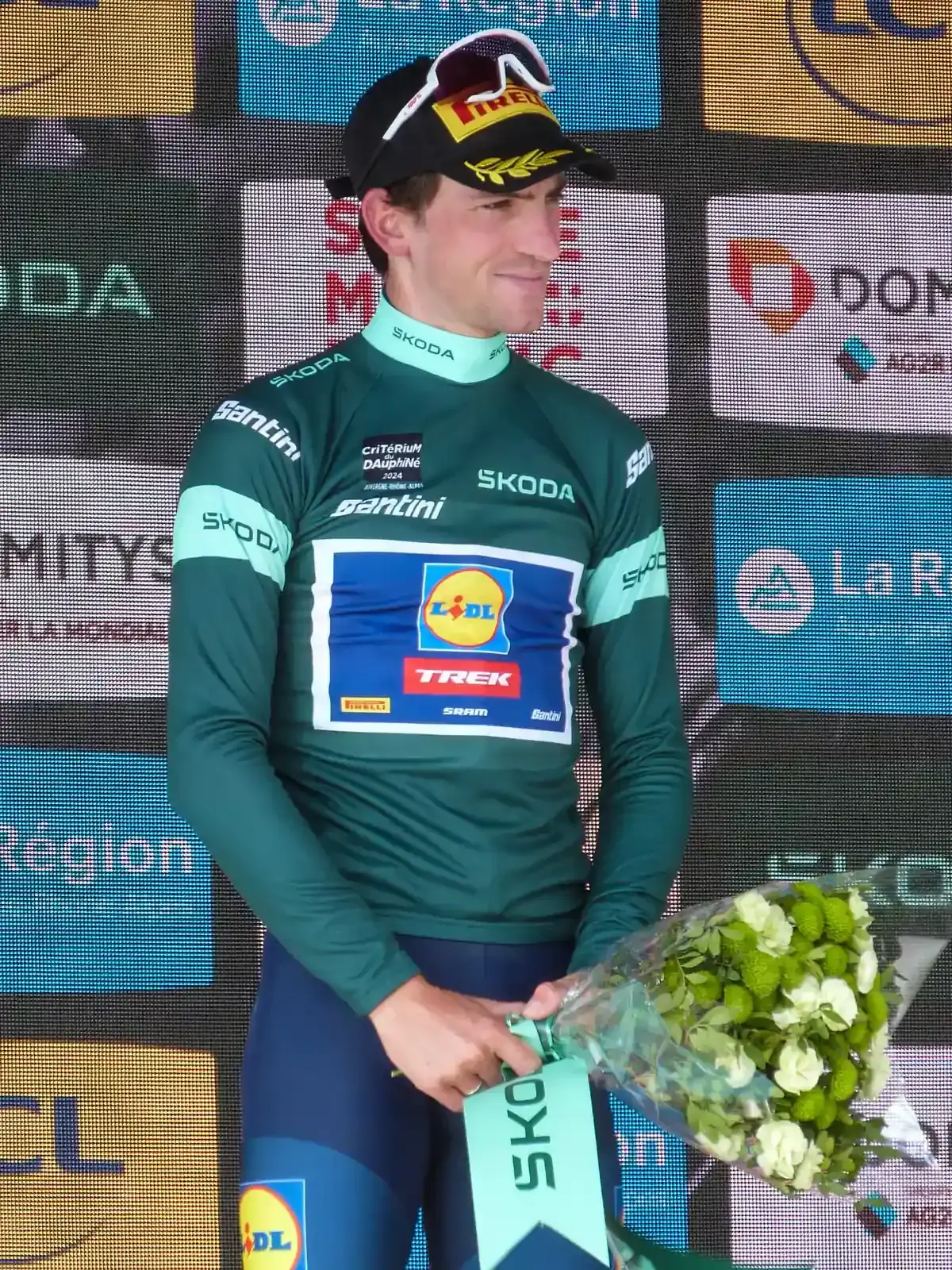 Giulio Ciccone in maglia verde con i loghi Lidl-Trek al Delfinato 2024, foto d’archivio