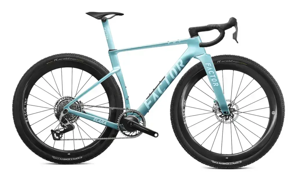 Factor ELARA Virescent Blue, vista laterale del montaggio commerciale gravel
