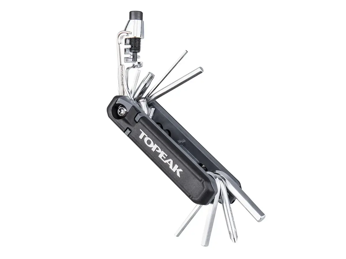 Topeak Hexus X TT2573B aperto, con diversi utensili estratti