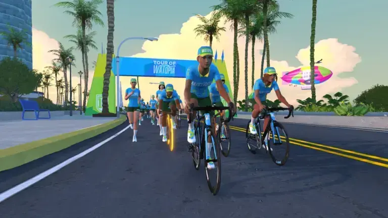 Scena virtuale di Watopia dalla comunicazione ufficiale Zwift. La planimetria del percorso e disponibile nella scheda.