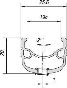 Sezione ufficiale del cerchio MACH1 260: canale 19C, larghezza esterna 25,6 mm e altezza 20 mm, riferimento distinto dalle ruote BH