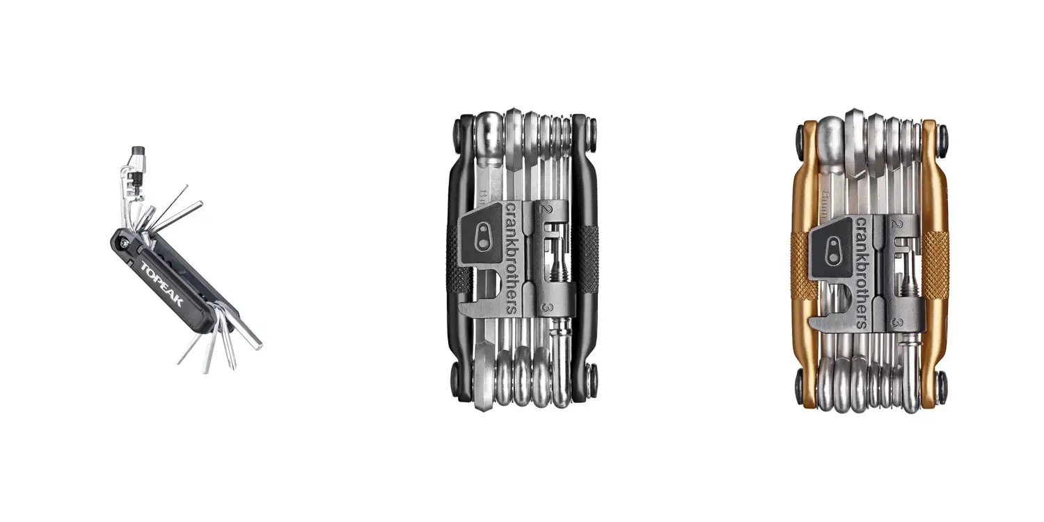 Composizione BiciTalk con foto ufficiali Topeak e Crankbrothers: Hexus X, M17 nero e M19 oro. Immagini non in scala fra loro.