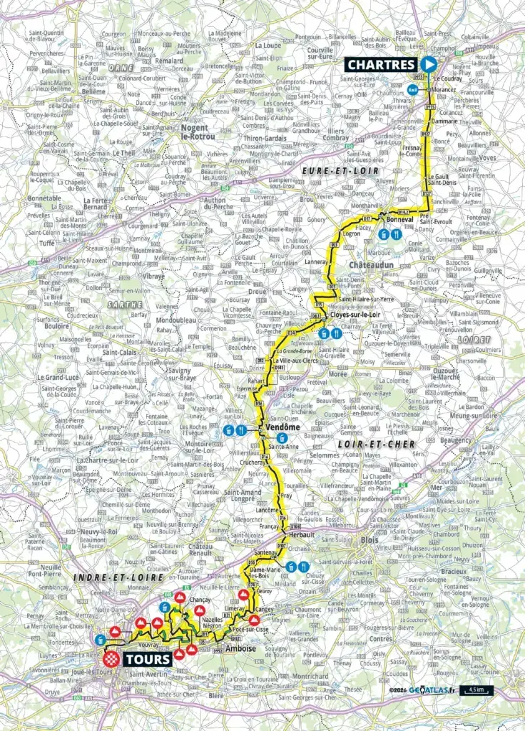 Planimetria ufficiale della Parigi-Tours 2026 da Chartres a Tours, 216,2 km