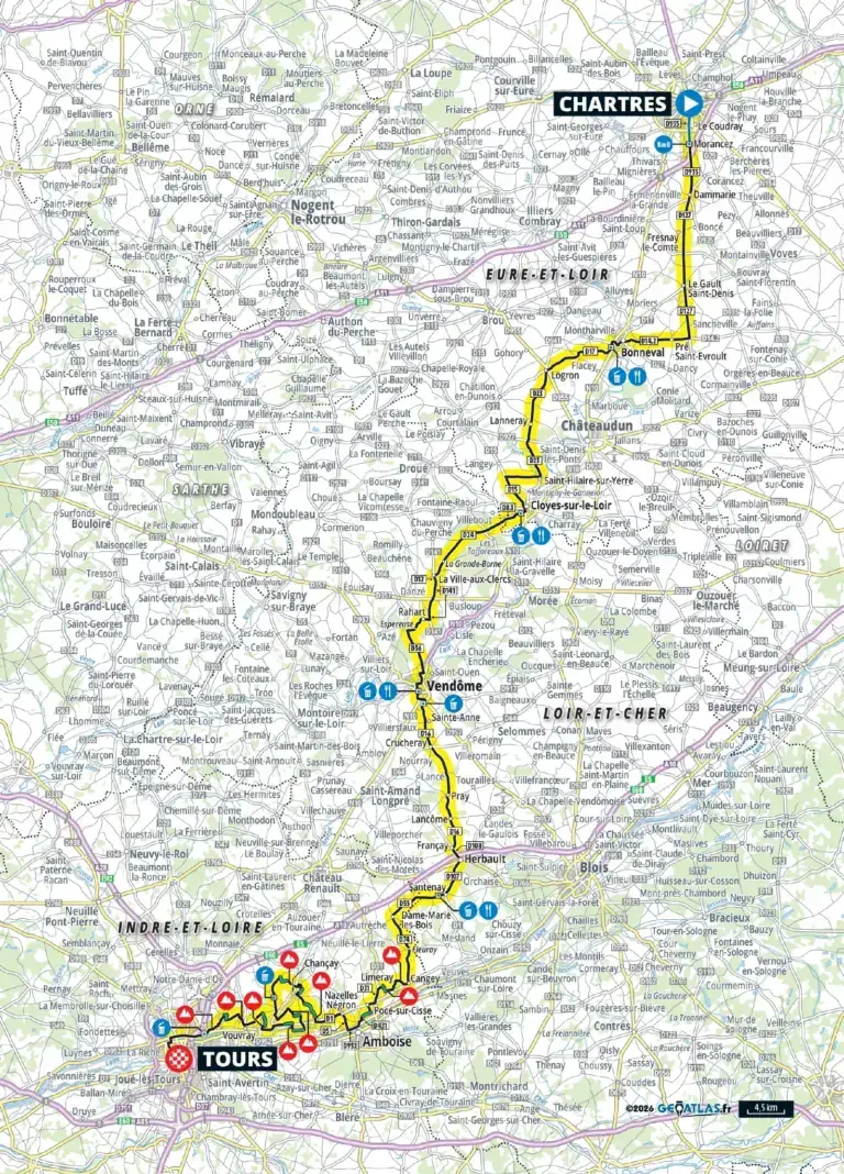 Planimetria ufficiale della Parigi-Tours 2026 da Chartres a Tours, 216,2 km