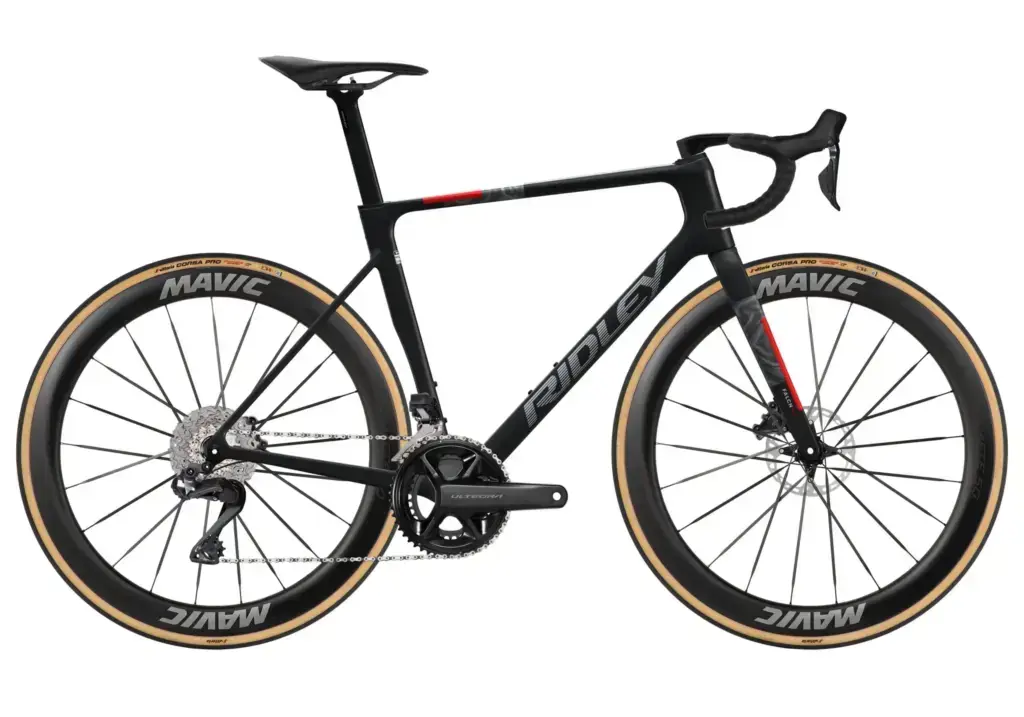 Ridley Falcn RS 2.0 Ultegra Di2, bicicletta completa nera e rossa con ruote Mavic