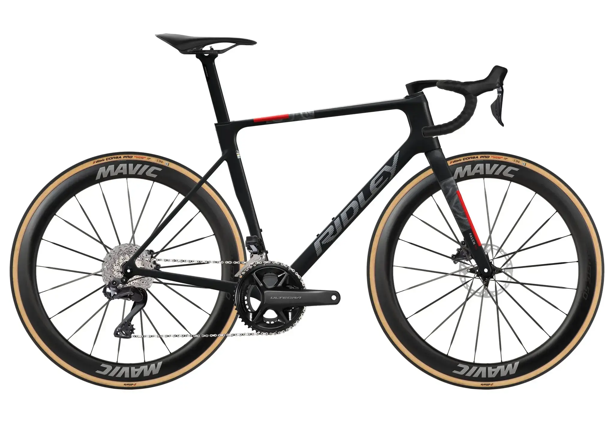 Ridley Falcn RS 2.0 Ultegra Di2, bicicletta completa nera e rossa con ruote Mavic