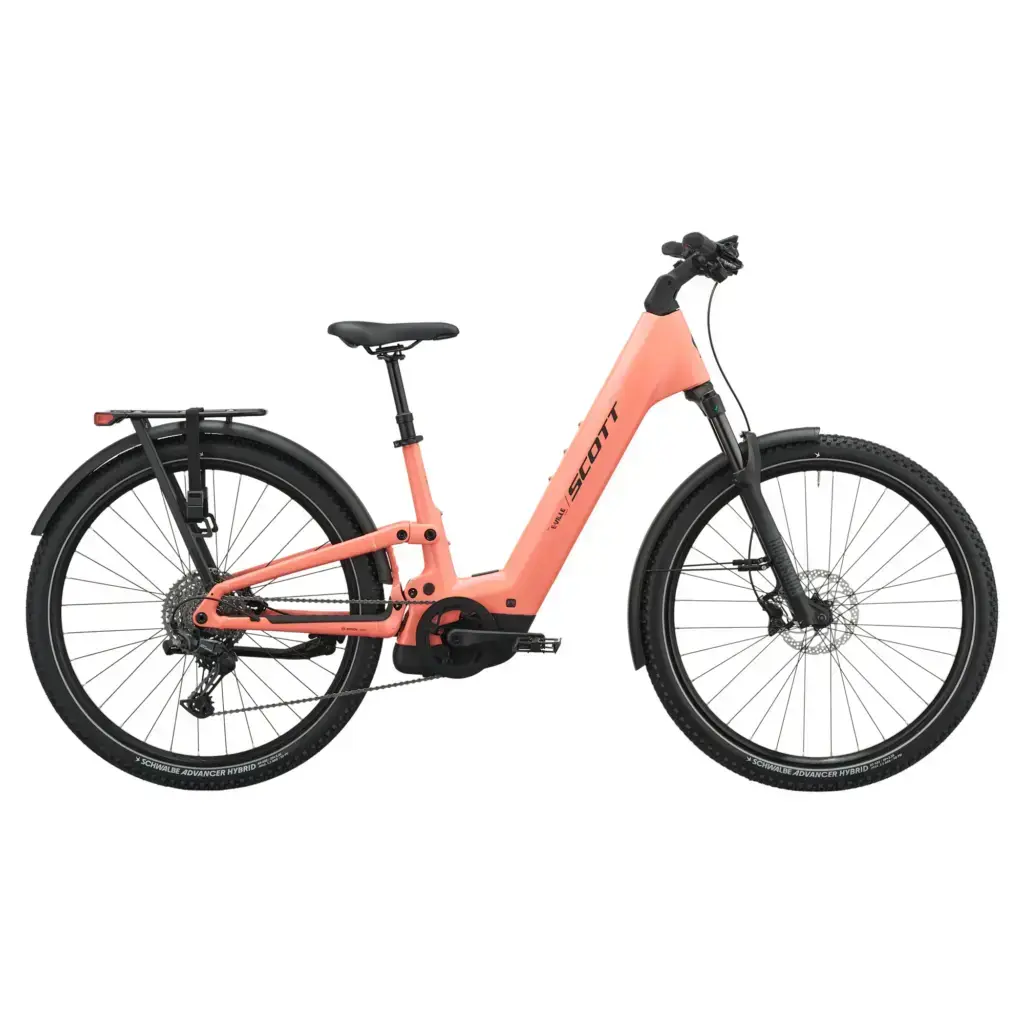 SCOTT E-Ville 10 SUV peach pink: bici completa con telaio a scavalco basso e portapacchi
