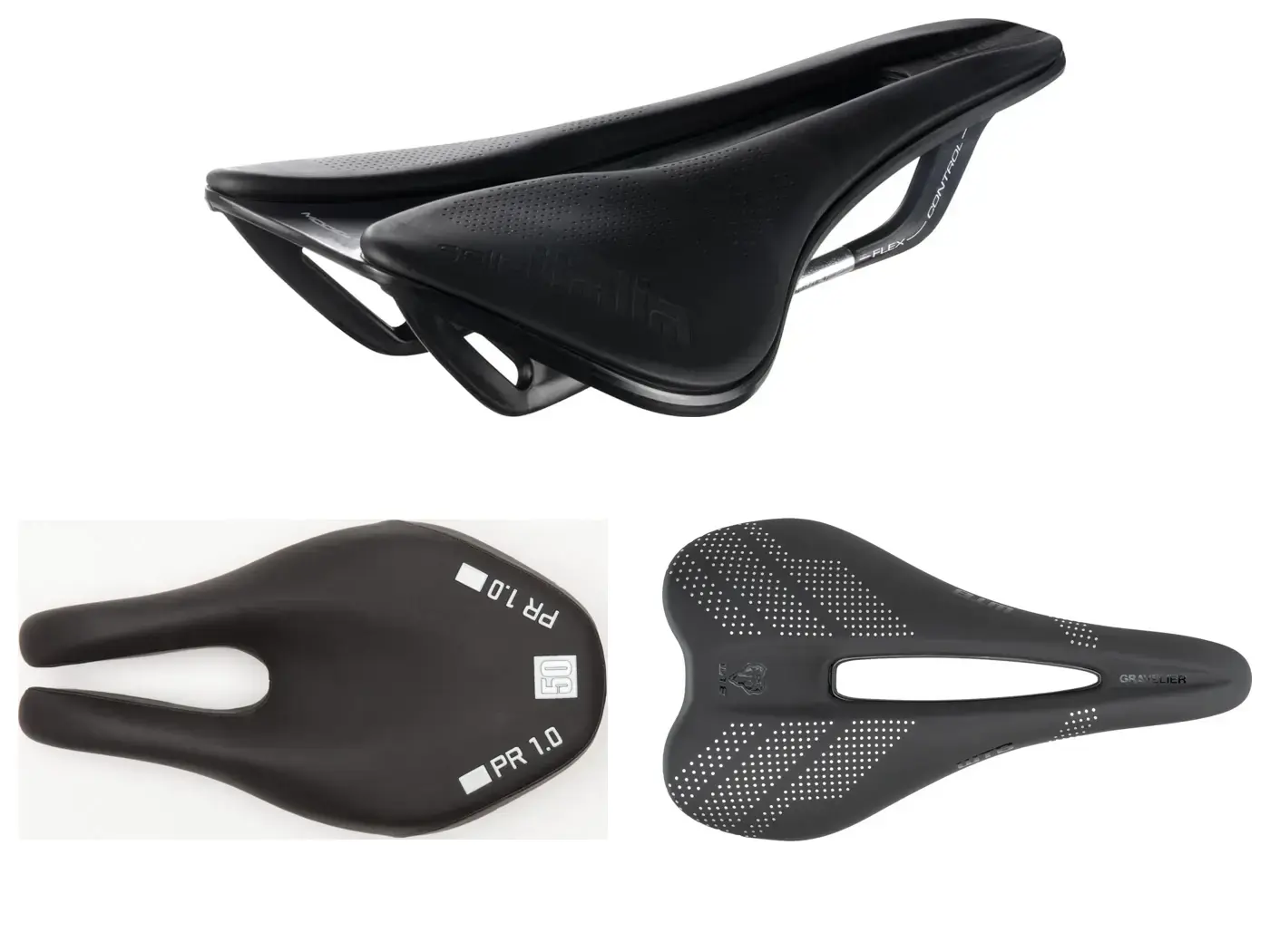 Tre modelli della raccolta: Selle Italia Model X standard in alto, ISM PR 1.0 in basso a sinistra, WTB Gravelier Titanium in basso a destra. Foto prodotto Amazon.it, ISM e WTB; composizione non in scala comune.