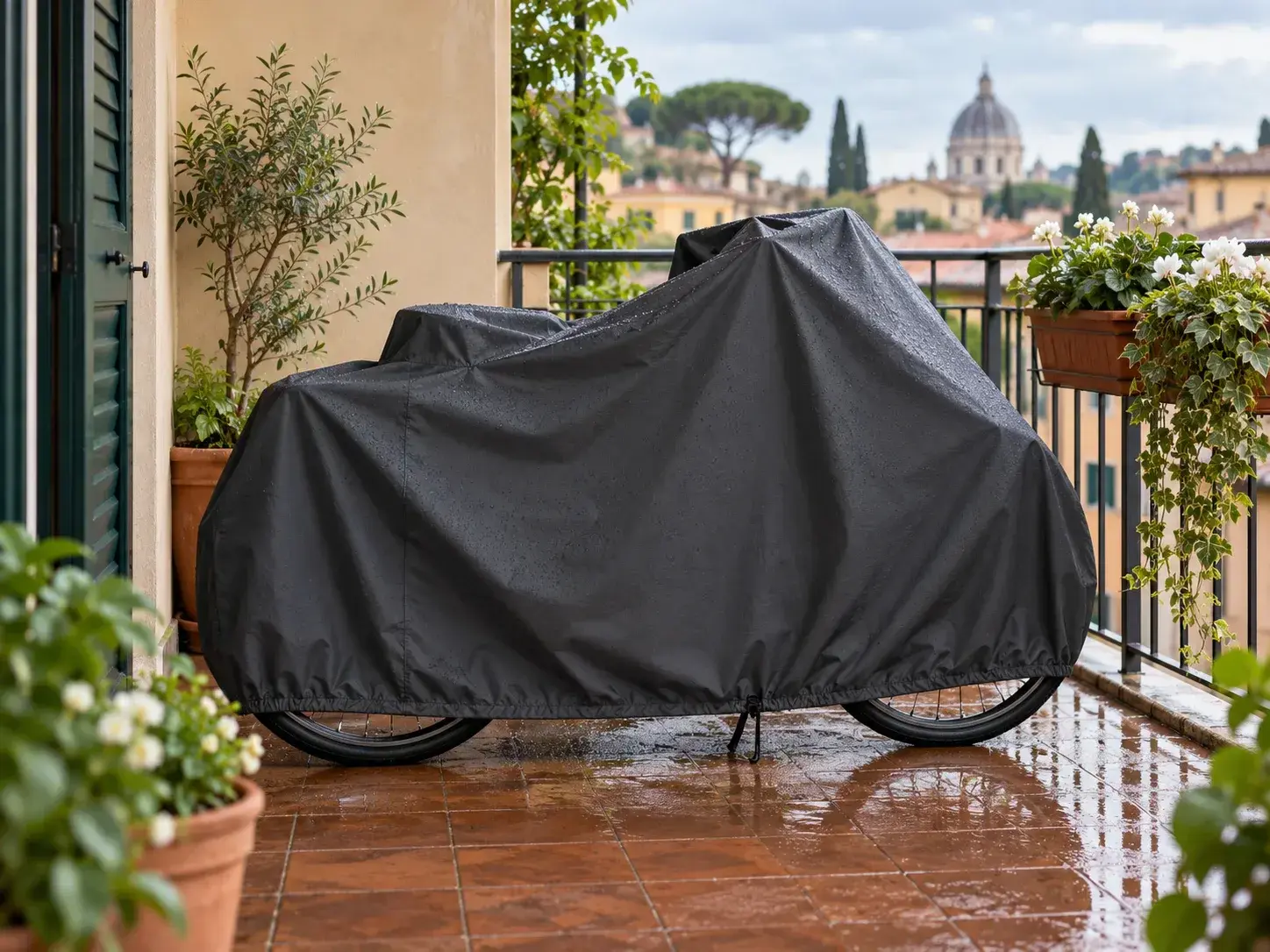 Illustrazione editoriale di una bici coperta da un telo su un balcone dopo la pioggia