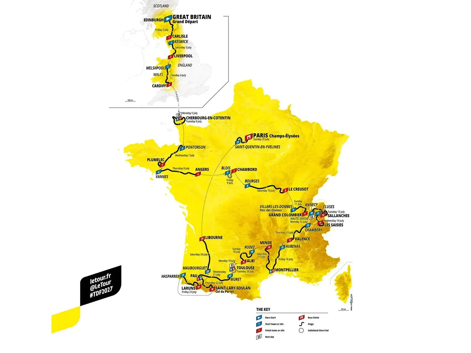 Percorso ufficiale del Tour de France 2027: partenza da Edimburgo e arrivo a Parigi