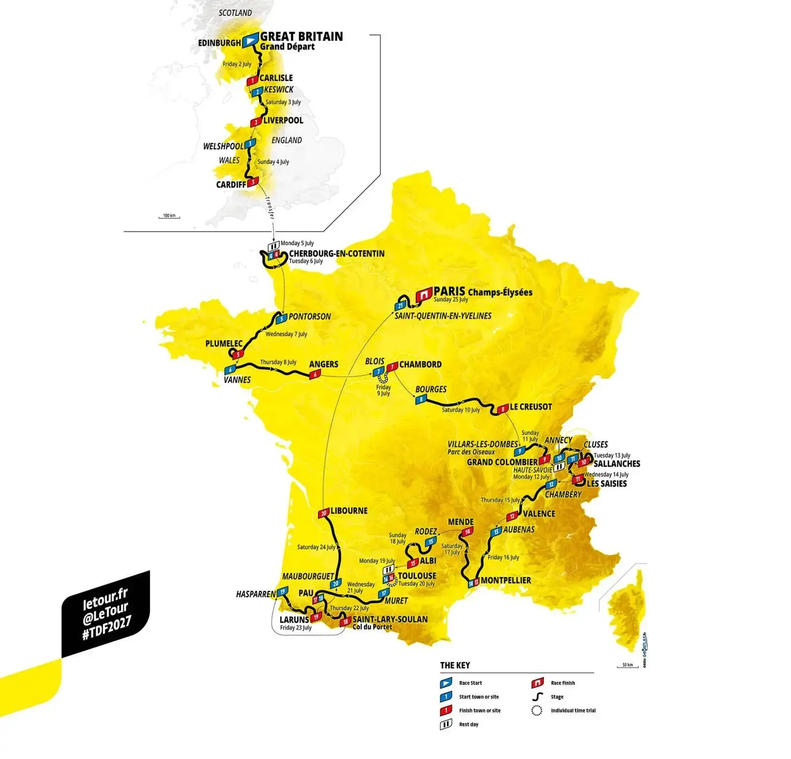 Mappa ufficiale del percorso del Tour de France 2027, da Edimburgo a Parigi attraverso Alpi e Pirenei