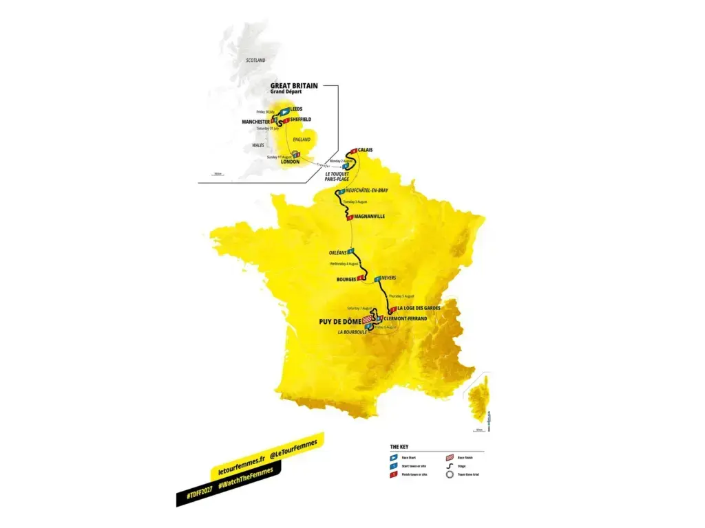 Mappa ufficiale del percorso Tour de France Femmes 2027 da Leeds al Puy de Dôme