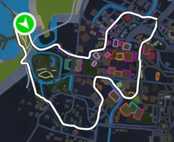 Planimetria ufficiale Zwift di Twilight Harbor nel mondo Makuri Islands. Fonte: Zwift.