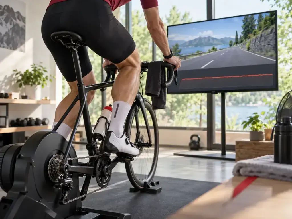 Illustrazione editoriale del principio di Zwift Watt Lock: ciclista sui rulli e traccia di potenza regolare, non screenshot ufficiale