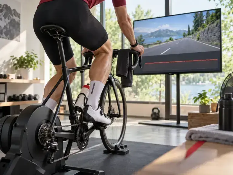 Illustrazione editoriale del principio di Zwift Watt Lock: ciclista sui rulli e traccia di potenza regolare, non screenshot ufficiale