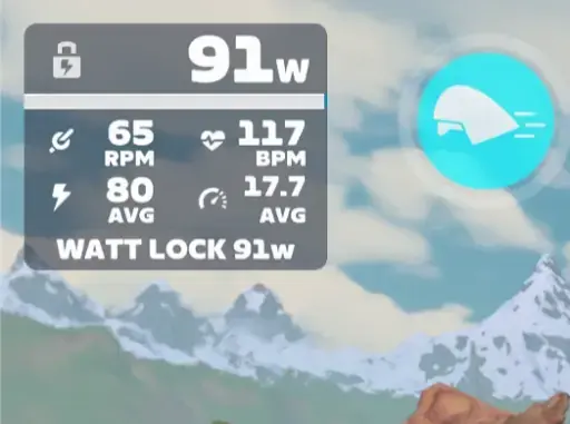 Display Zwift con Watt Lock attivo e obiettivo di 91 watt