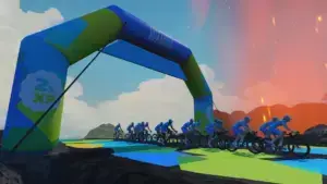 Gruppo di avatar nel Tour of Watopia 2026 sotto l’arco ufficiale 2x XP
