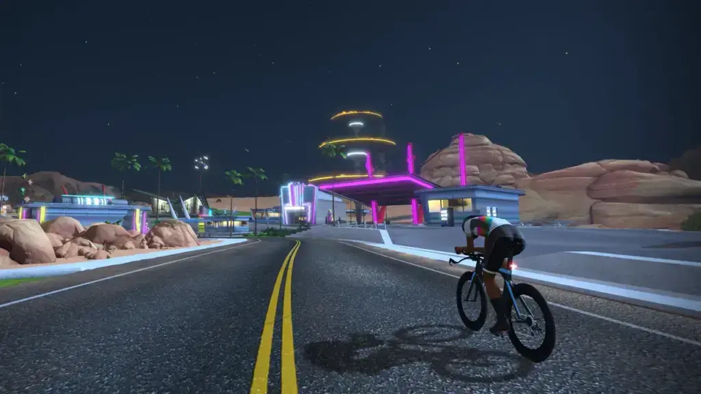 Fuego Flats, tratto di Tick Tock. Schermata ufficiale Zwift dal media kit Watopia.