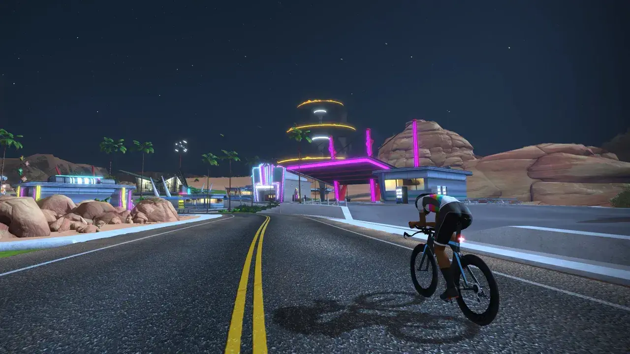 Fuego Flats, tratto di Tick Tock. Schermata ufficiale Zwift dal media kit Watopia.